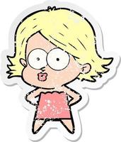 distressed sticker of a cartoon girl pouting vector