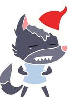 flat color illustration of a wolf showing teeth wearing santa hat vector