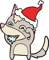 line drawing of a hungry wolf wearing santa hat vector