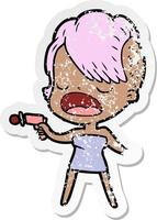 distressed sticker of a cartoon cool hipster girl talking vector