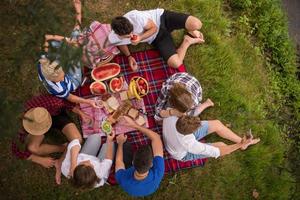 top view of group friends enjoying picnic time photo