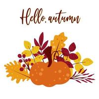 Hello autumn greeting card with pumpkin foliage and berries vector