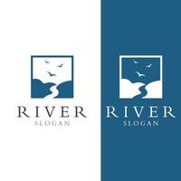 Logos of rivers, creeks, riverbanks and streams. River logo with combination of mountains and farmland with concept design vector illustration template.