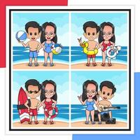 Bundle set cartoon illustration of boy and girl on the beach in summer vector