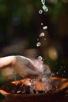 salpicando agua dulce en manos de mujer foto