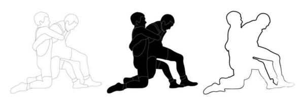 Outline sketch black and white silhouette of a wrestler athlete in wrestling, holding, grappling. Doodle black and white line drawing. vector