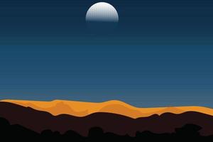 vector landscape of yellow hills under a bright white moon on a night background.