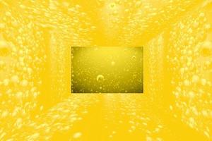 Defocus blurred transparent yellow colored clear calm water surface texture with splashes and bubbles in the room showcase. photo