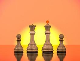 King, queen and chess pawns standing side by side looking at the sun. 3d illustrations photo