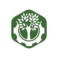 Gear tree vector logo design template. Modern nature technology logo. Green eco tech and industry logo concept.