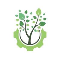Gear tree vector logo design template. Modern nature technology logo. Green eco tech and industry logo concept.