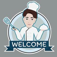 Etiqueta de bienvenida del chef con diseño plano de banner azul - ilustración vectorial vector