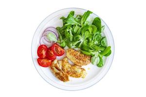 chicken salad vegetable, green lettuce leaves cuisine fresh healthy meal food snack diet on the table copy space food background photo