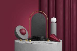 3D rendering abstract showcase advertising product. Black marble arch with a gold stroke and simple shapes of a ball, cylinder, cone on a background of red curtains. Minimal template with copy space photo