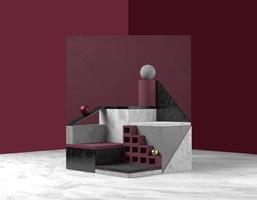 3D rendering abstract scene of product promotion. Concrete, marble black white blocks steps, primitive cylinder, balls on red background. Advertising pedestal copy space. Minimal geometric showcase. photo