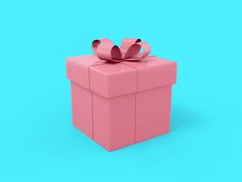 Pink mono color gift box with ribbon and bow on a blue solid background. Minimalistic design object. 3d rendering icon ui ux interface element. photo