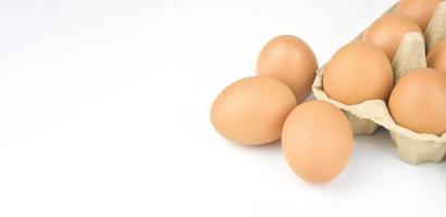 Fresh and appetizing eggs are packed in egg cartons. put on a white background photo