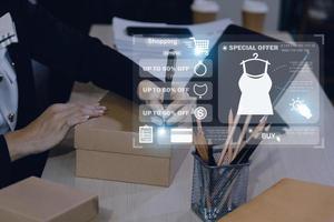 Attractive Asian SME business woman working at home office. online shopping concept photo