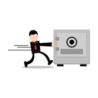 Vector Graphic Illustration of Cartoon Character Businessman pushing money vault. Suitable for business content