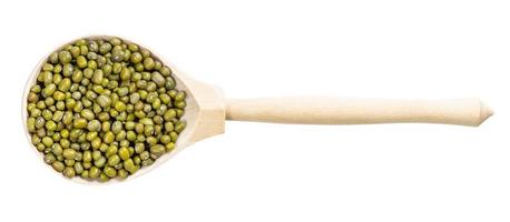 top view of wood spoon with green mung bean photo