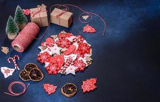 Christmas homemade gingerbread cookies on dark concrete table photo