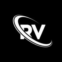 logotipo de RV. diseño de vehículos recreativos. letra rv blanca. diseño del logotipo de la letra rv. letra inicial rv círculo vinculado logotipo de monograma en mayúsculas. vector