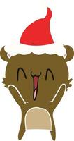 happy bear flat color illustration of a wearing santa hat vector