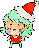 textured cartoon of a crying elf girl wearing santa hat vector