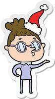 sticker cartoon of a woman wearing glasses wearing santa hat vector