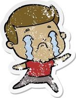 distressed sticker of a cartoon man crying vector