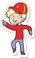 sticker of a cartoon boy in cap pointing vector