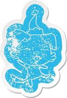 cartoon distressed sticker of a dancing dog wearing santa hat vector