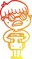warm gradient line drawing cartoon boy hugging book wearing spectacles vector