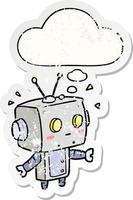 cartoon robot and thought bubble as a distressed worn sticker vector