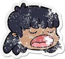 distressed sticker of a cartoon female face vector