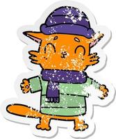 distressed sticker of a cartoon cat in winter clothes vector