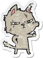 distressed sticker of a tough cartoon cat giving thumbs up symbol vector