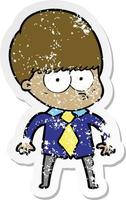 distressed sticker of a nervous cartoon boy wearing shirt and tie vector