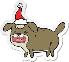 sticker cartoon of a dog barking wearing santa hat vector