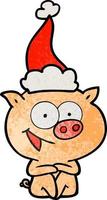 cheerful sitting pig textured cartoon of a wearing santa hat vector
