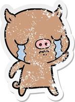 distressed sticker of a cartoon pig crying waving goodbye vector