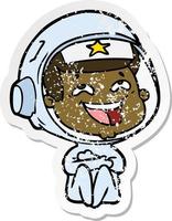 distressed sticker of a cartoon laughing astronaut vector