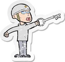 retro distressed sticker of a cartoon security guy with key vector