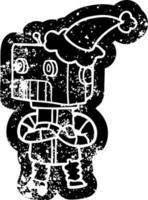 cartoon distressed icon of a robot wearing santa hat vector