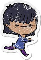 distressed sticker of a annoyed cartoon girl vector