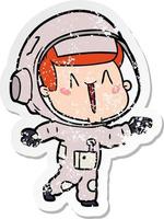 distressed sticker of a happy cartoon astronaut pointing vector