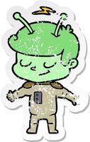 distressed sticker of a friendly cartoon spaceman vector