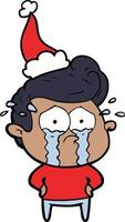 line drawing of a crying man wearing santa hat vector