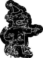 cartoon distressed icon of a goblin with knife wearing santa hat vector