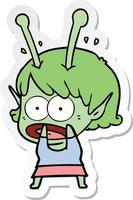 sticker of a cartoon shocked alien girl vector